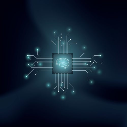 Artificial intelligence or AI vector concept with human brain on technological background. Symbol of machine learning, neural networks, programming, futuristic technology concept. Eps10 vector